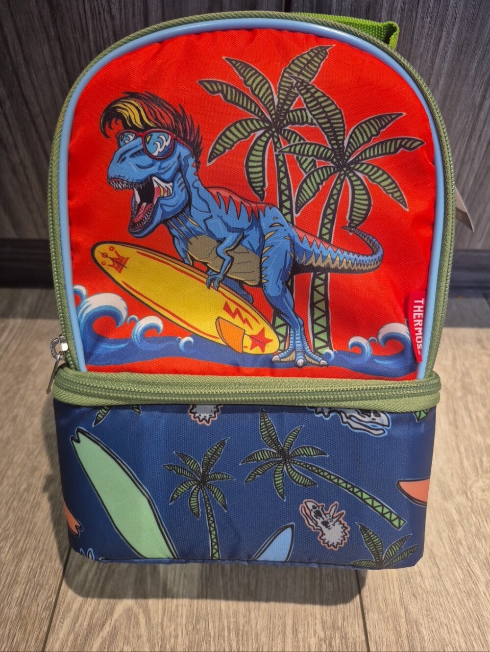 Thermos Blue & Red Dual Compartment Insulated Surfing Dinosaur Kids Lunchbox NEE